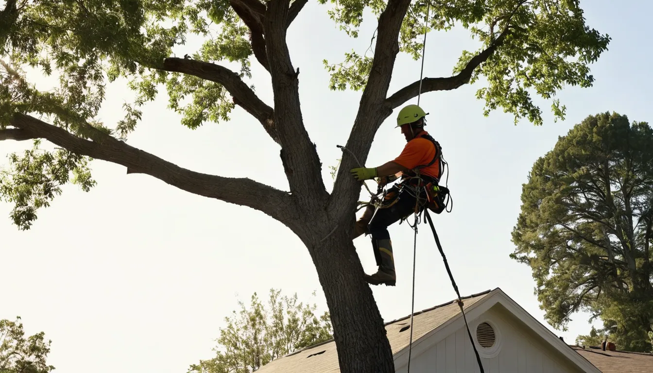 A tree removal provider lowering a large limb beside a bungalow in Cedar Lake