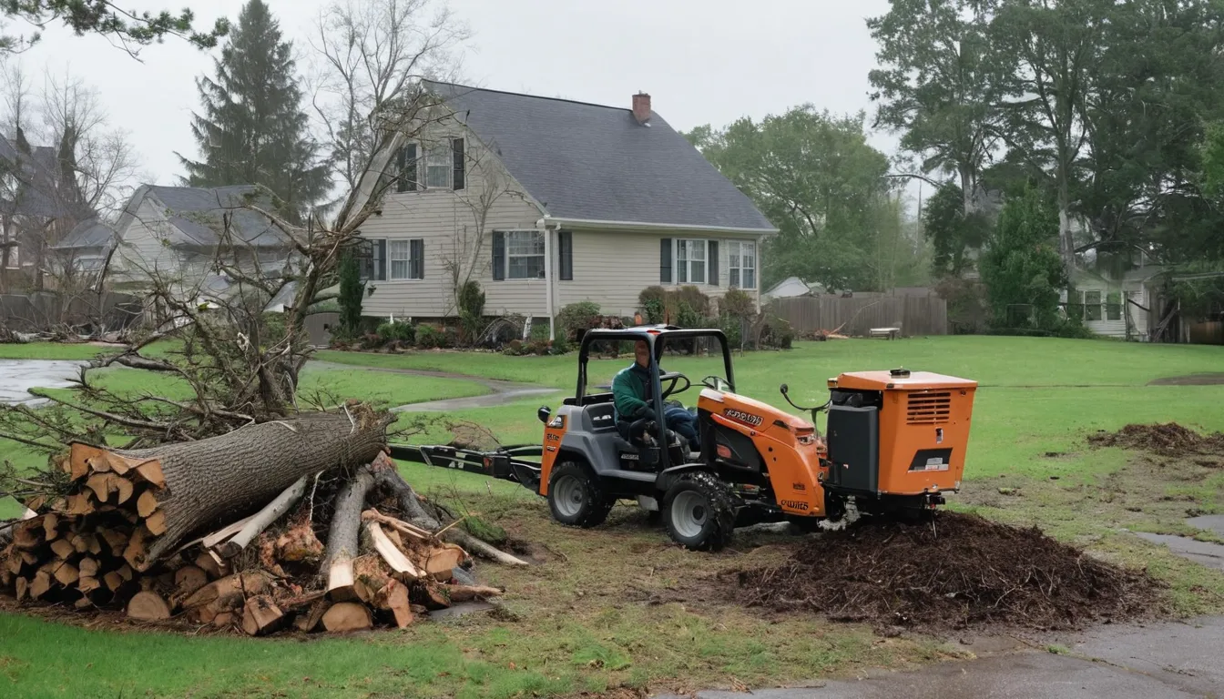 Storm-damaged tree being cleared from a yard in the Cedar Lake area