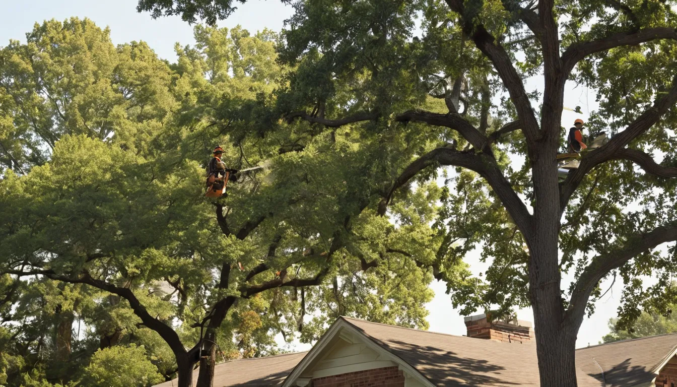 Tree removal provider cutting a large tree in sections beside a ranch home in Cedar Lake